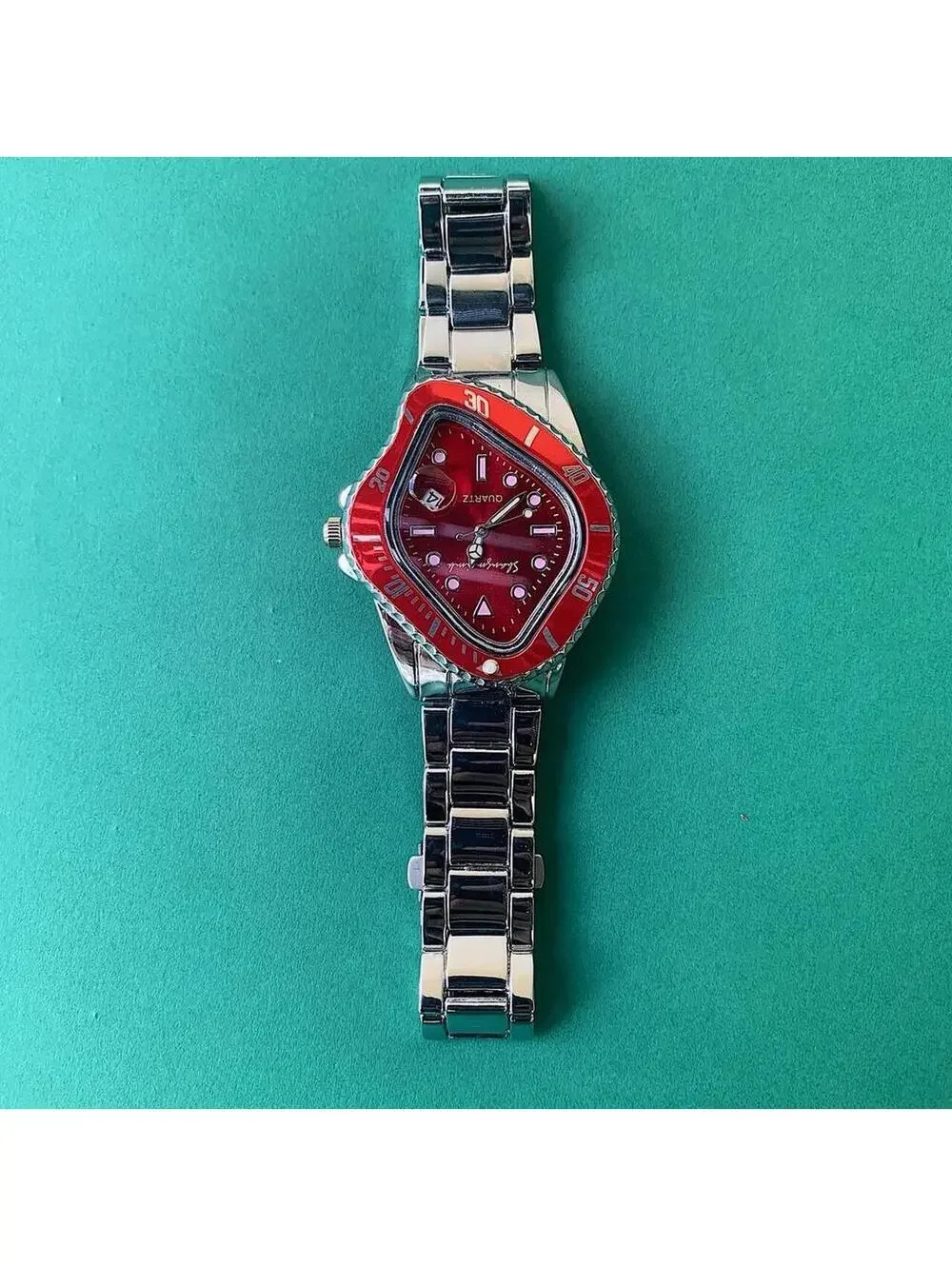 Cyber futuristic Red Face Silver Stainless Steel Y2k 2000s vintage style